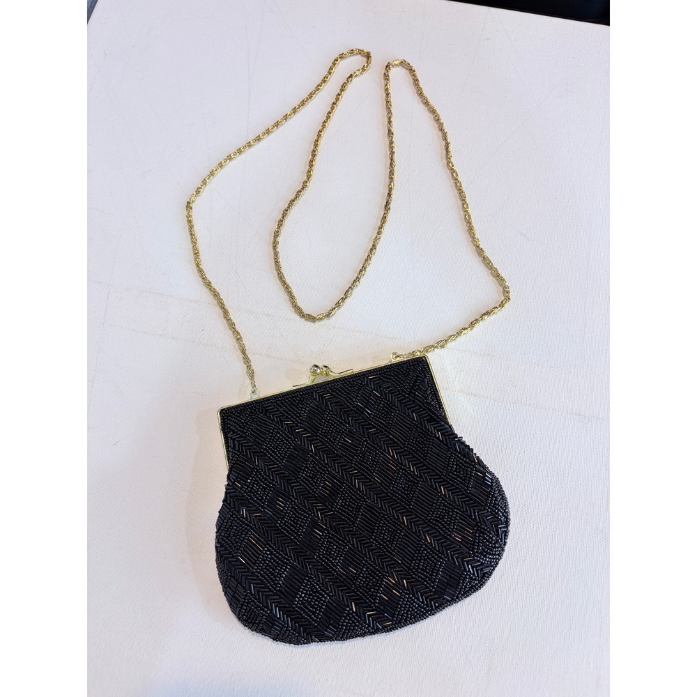 Vintage 80s La Regale Black Beaded Chevron Evening Bag Gold Chain Clutch Purse